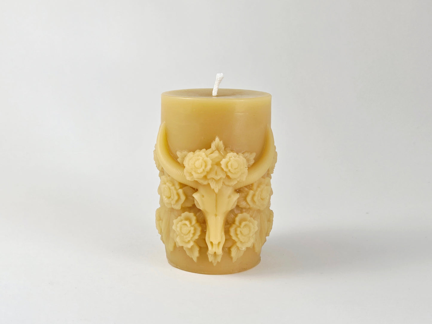 Cow Skull with Roses Pillar | Beeswax Candle