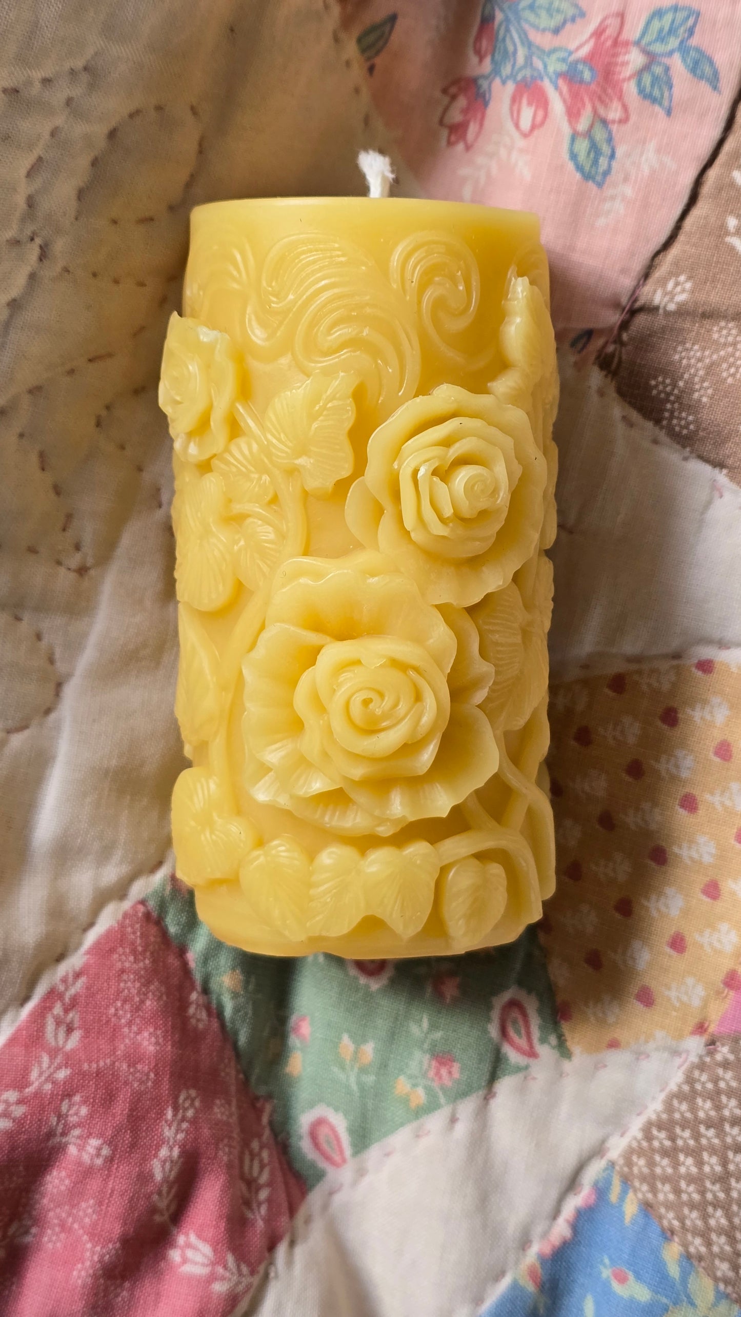Frilly Carnation Pillar | Floral Beeswax Candle
