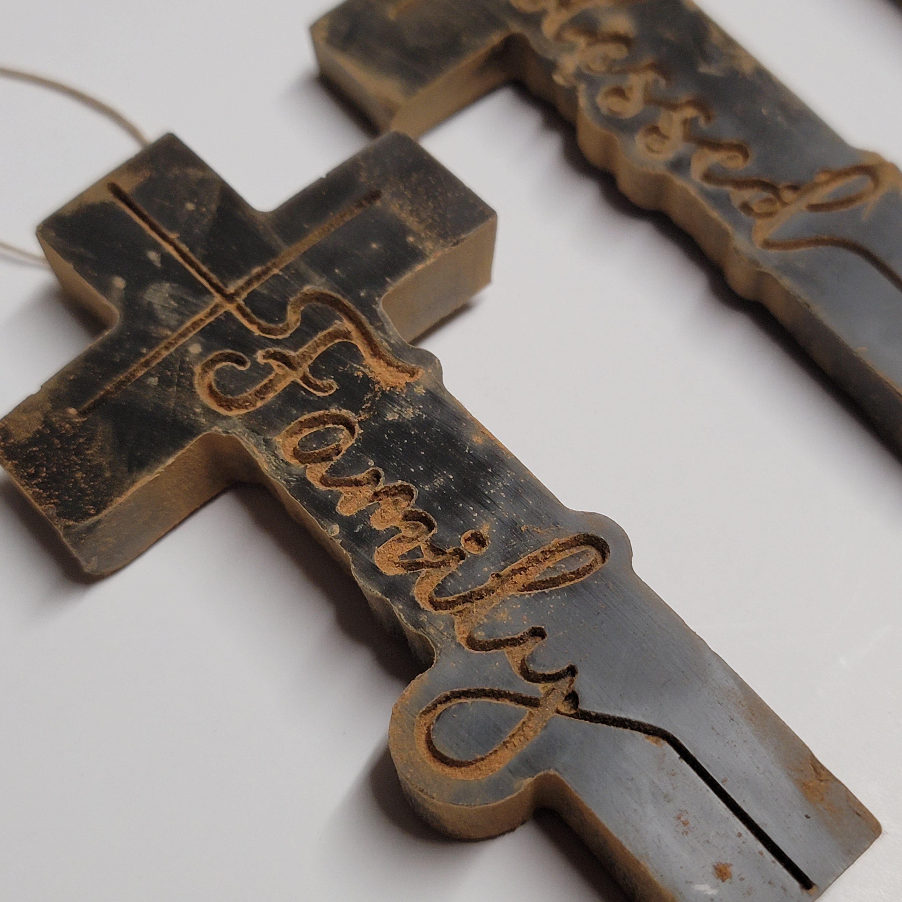 The Cross - Family, Faith  Love and Blessed antique Cinnamon beeswax ornaments