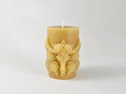 Cow Skull with Roses Pillar | Beeswax Candle