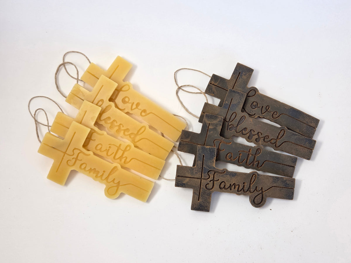 Family, Faith, Love, Blessed - Set of 4 Crosses | Beeswax Ornaments