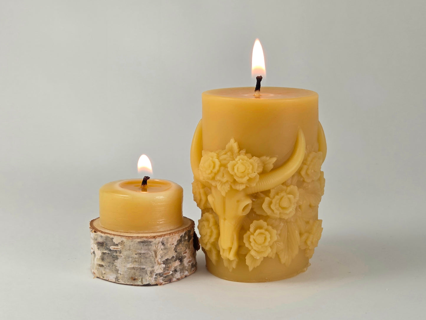 Cow Skull with Roses Pillar | Beeswax Candle