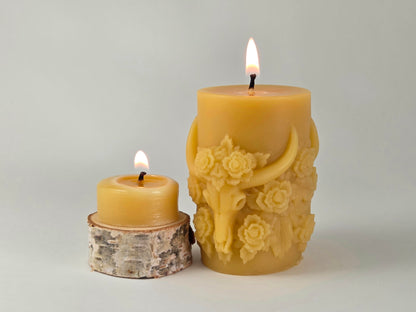 Cow Skull with Roses Pillar | Beeswax Candle