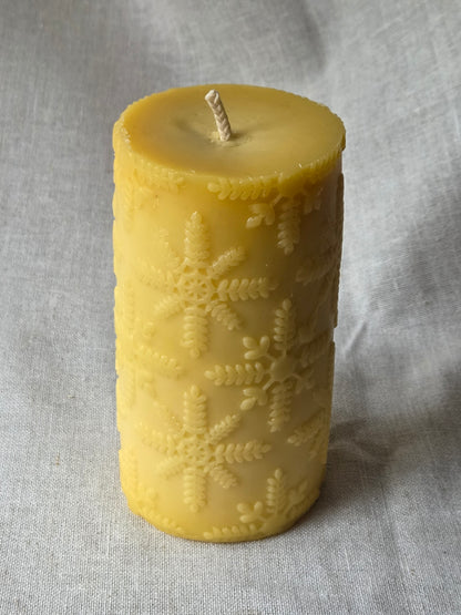 Embossed Snowflakes Pillar | Beeswax Candle