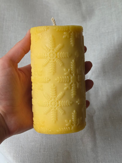 Embossed Snowflakes Pillar | Beeswax Candle
