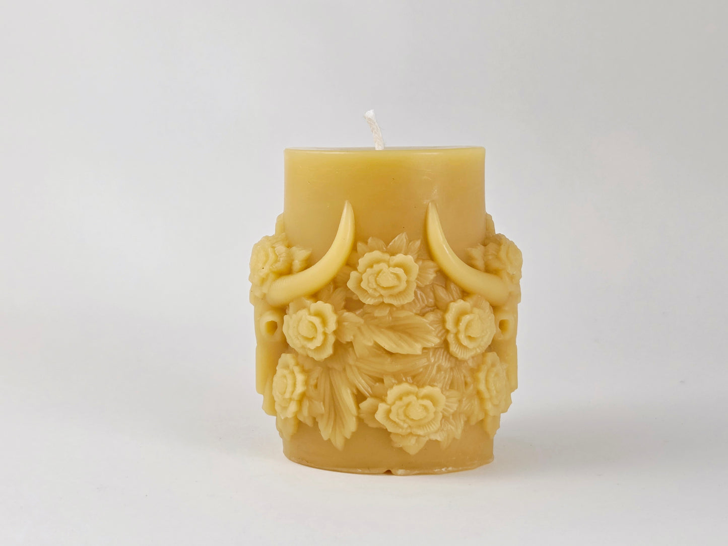 Cow Skull with Roses Pillar | Beeswax Candle