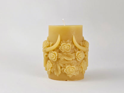 Cow Skull with Roses Pillar | Beeswax Candle