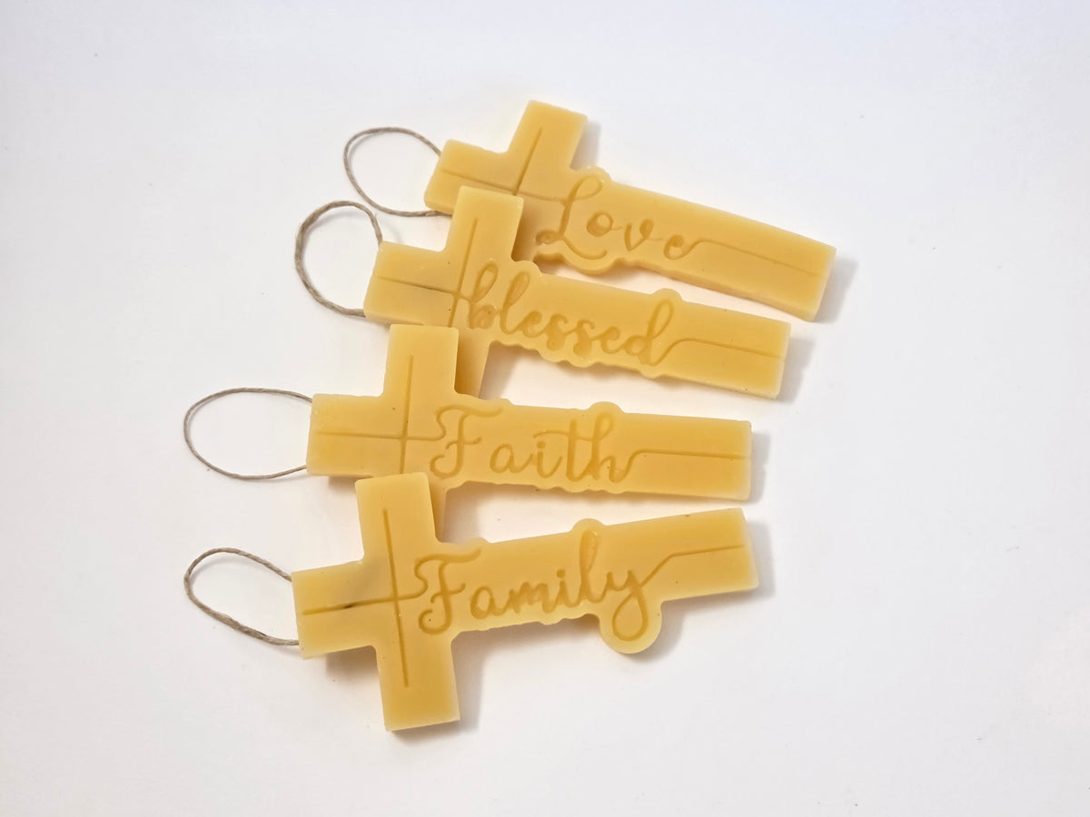 Family, Faith, Love, Blessed - Set of 4 Crosses | Beeswax Ornaments