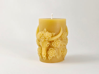 Cow Skull with Roses Pillar | Beeswax Candle
