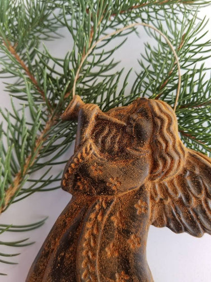 Trumpeting Angel Ornament- Antiqued Cinnamon Beeswax